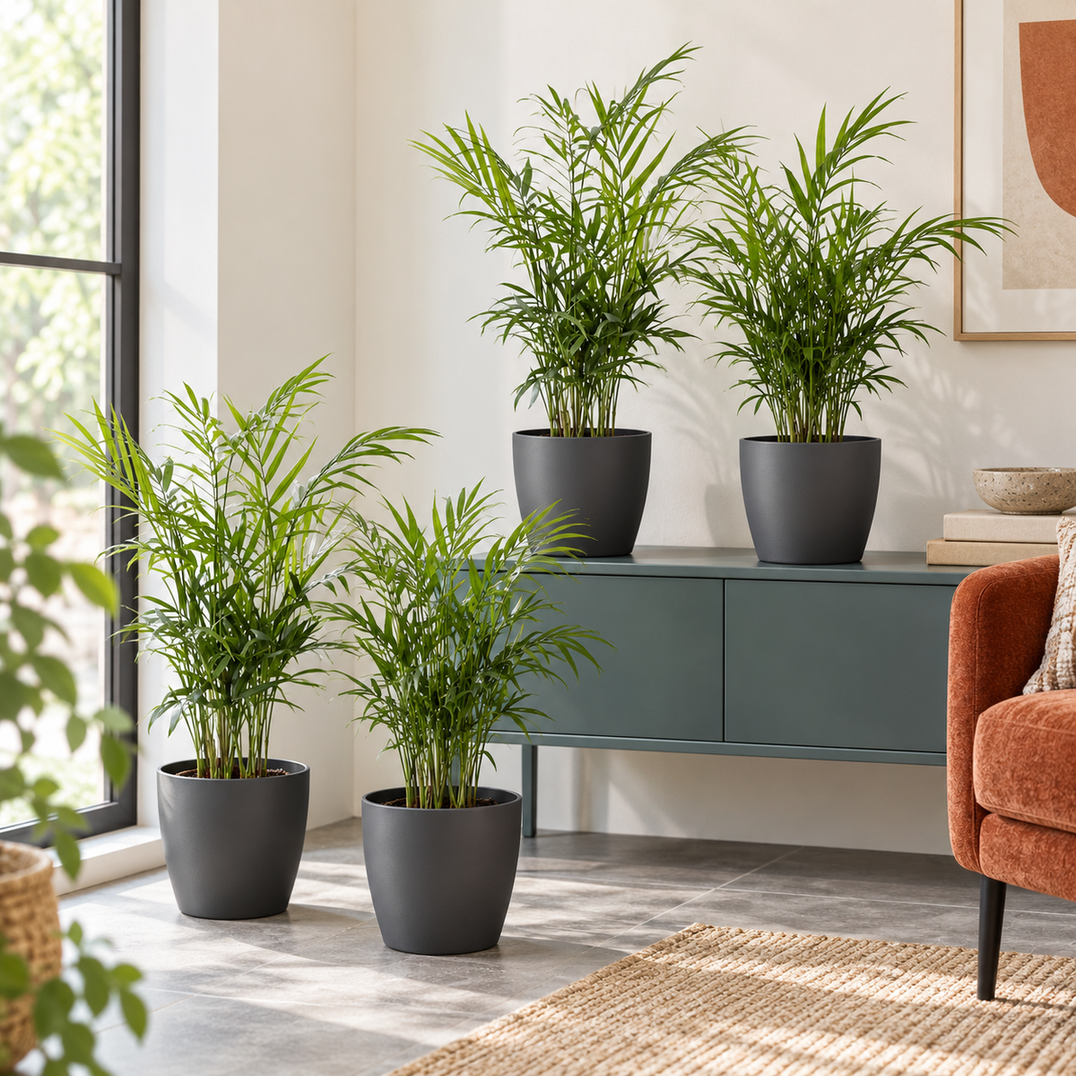 🌿 Chamaedorea elegans | Goudpalm met Grijze Pot (4 Stuks)