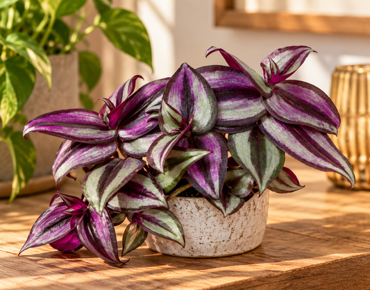 💗 Tradescantia ‘Zebra Pink Joy’ – Paarse kamerplant met zilverroze blad