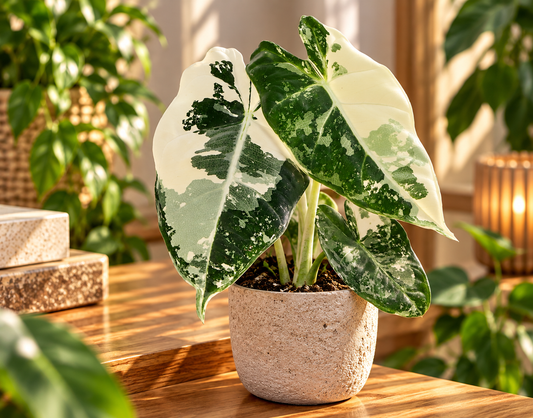 🌿 Alocasia ‘Frydek Variegata’ – Bonte fluweelplant