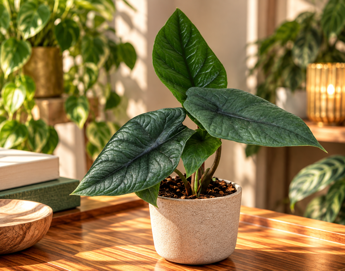 🌿 Alocasia scalprum – Donkergroene tropische bladplant