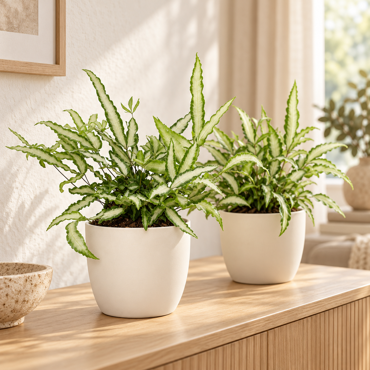 🌿 Pteris Albolineata | Diervriendelijke Lintvaren met Witte Pot (2 stuks)