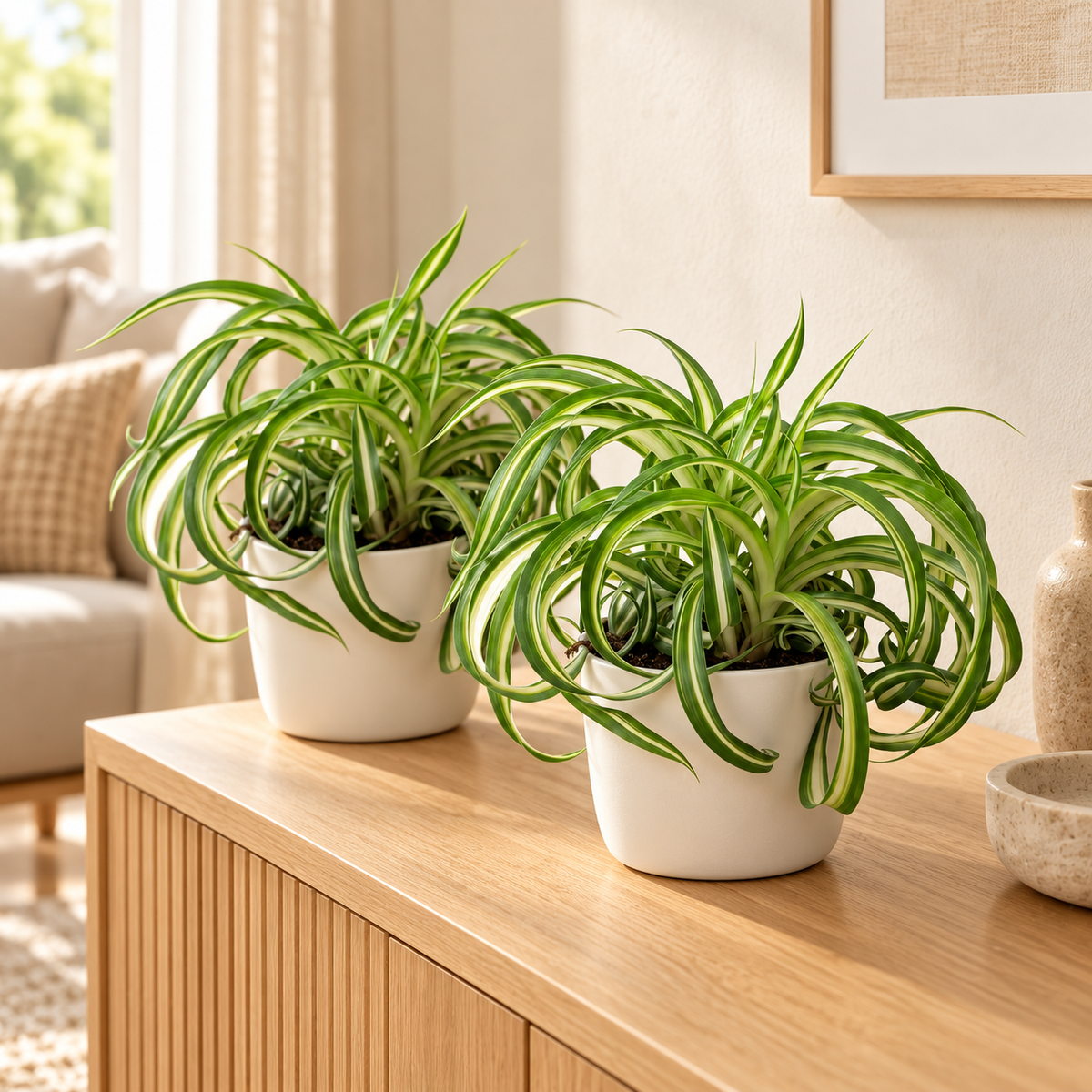 🌿 Chlorophytum Bonnie | Diervriendelijke Krullende Graslelie met Witte Pot ( 2 stuks)