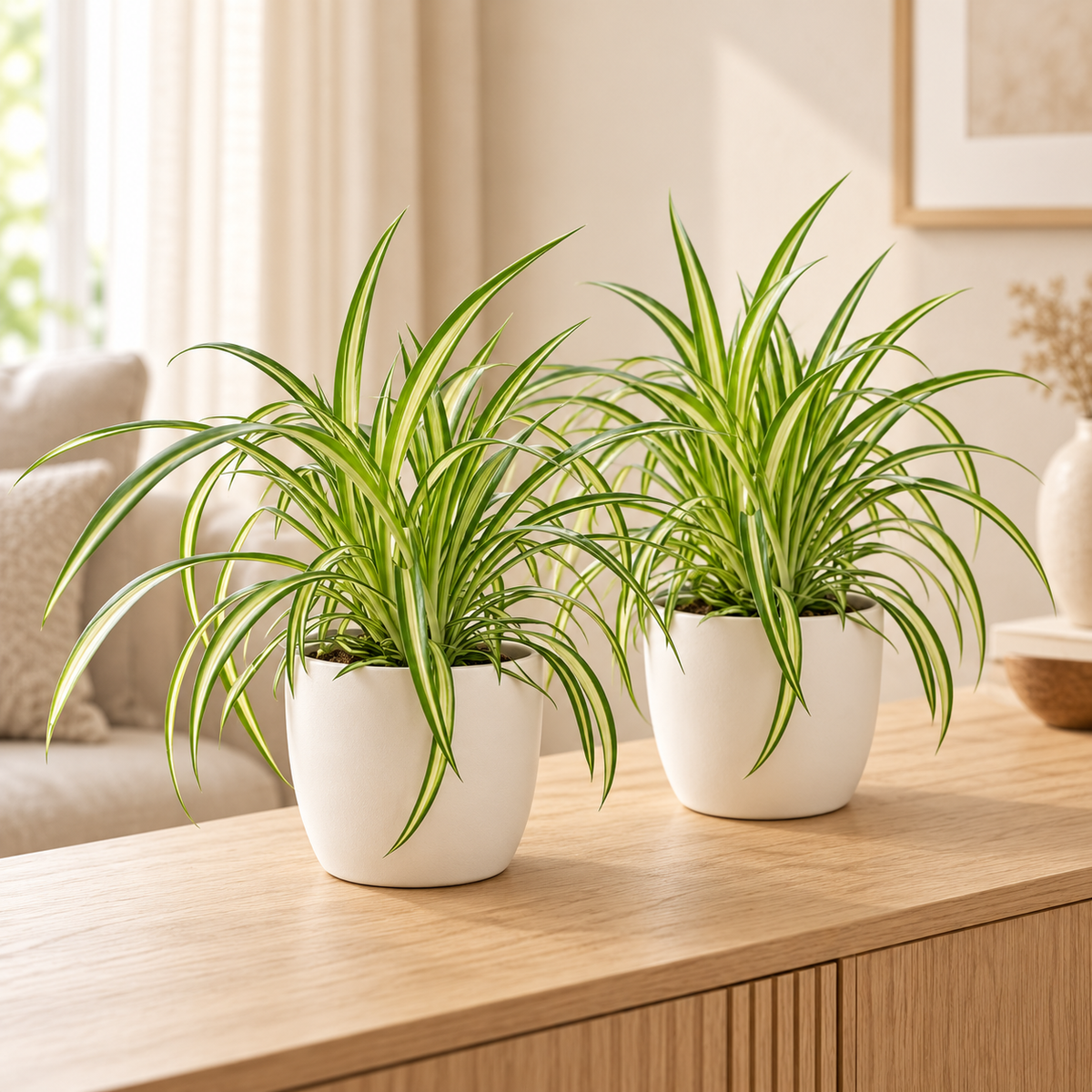 🌿 Chlorophytum Variegatum | Diervriendelijke Bonte Graslelie met Witte Pot (2 stuks)