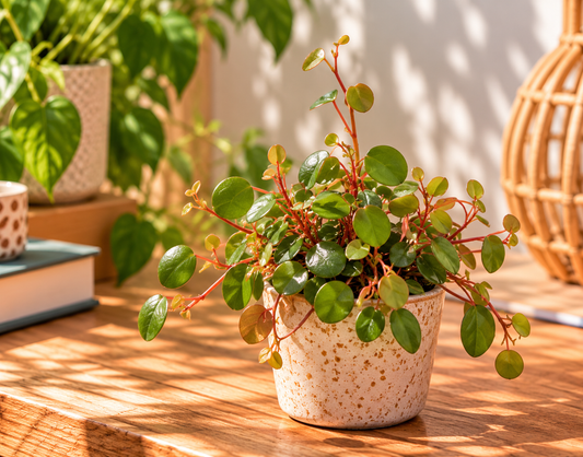 🌿 Peperomia ‘Pepperspot’ – Groene hangplant met rode stengels