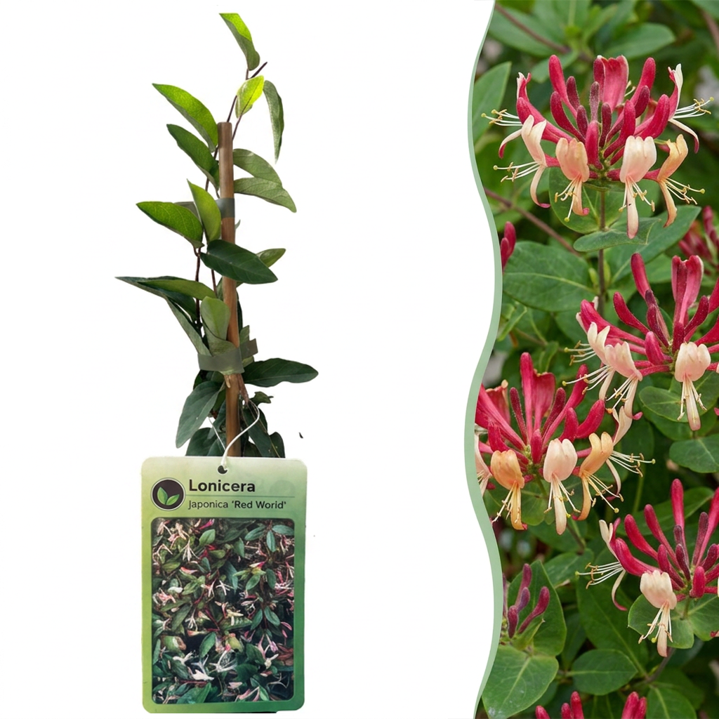 🌺 Lonicera japonica ‘Red World’ – Japanse kamperfoelie – Rood-roze klimplant
