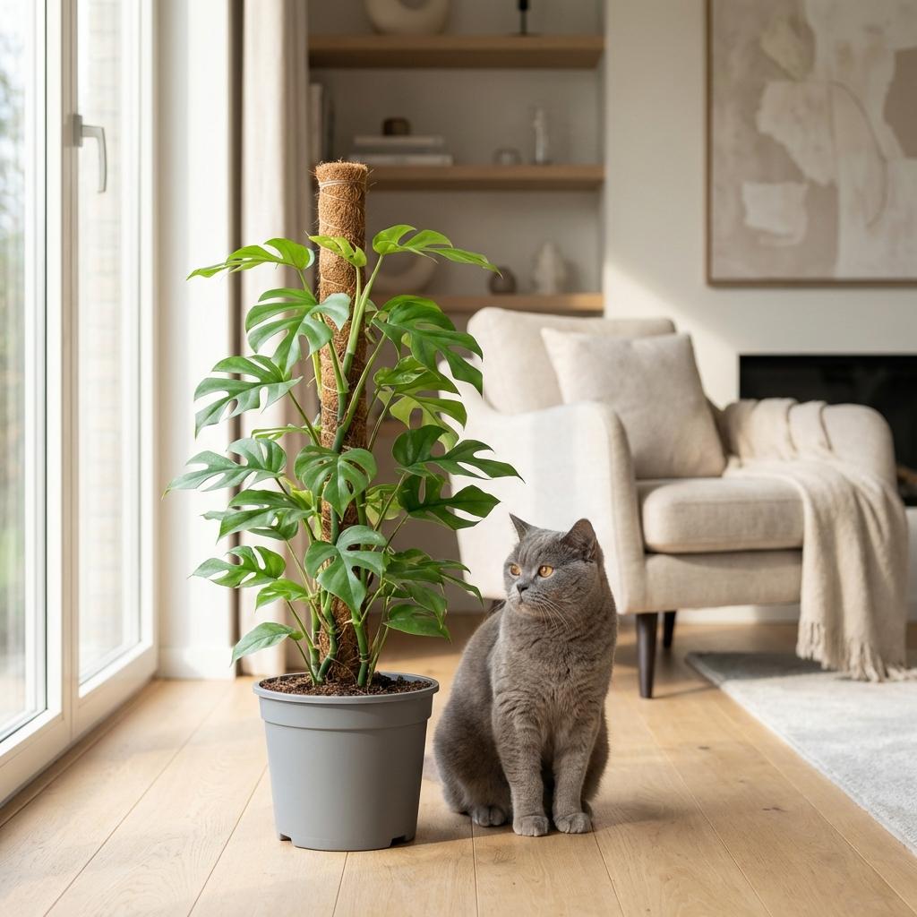 🌿 Monstera Minima | Mini Gatenplant met Mosstok & Grijze Pot