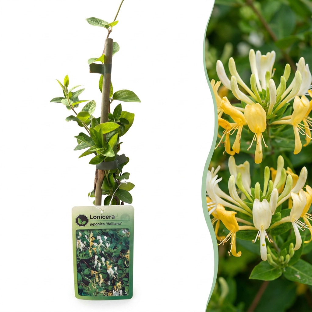 🤍 Lonicera japonica ‘Halliana’ – Japanse kamperfoelie – Wit-gele klimplant