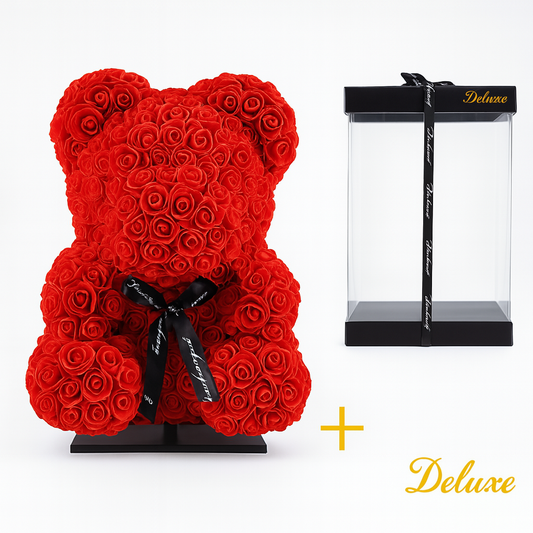 🧸🌹 Beer DELUXE op Standaard – Rood | Luxe Cadeau