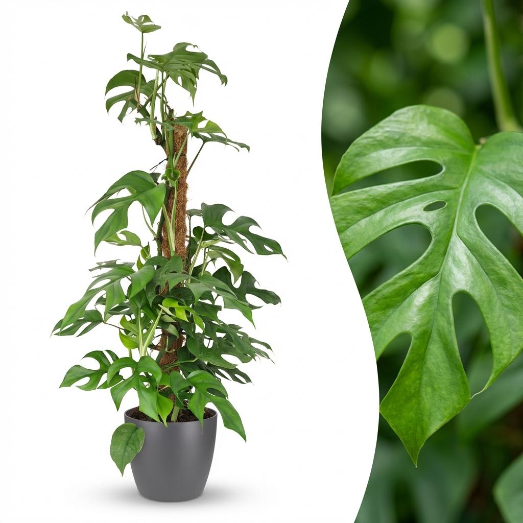 🌿 Monstera Minima | Mini Gatenplant met Mosstok & Grijze Pot