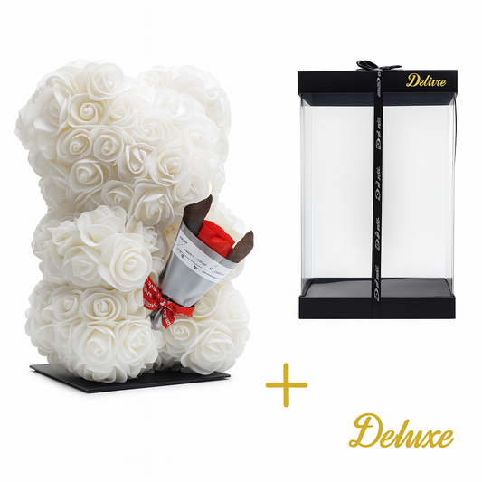 🧸🤍 Beer DELUXE op Standaard – Wit met Boeket | Luxe Cadeau