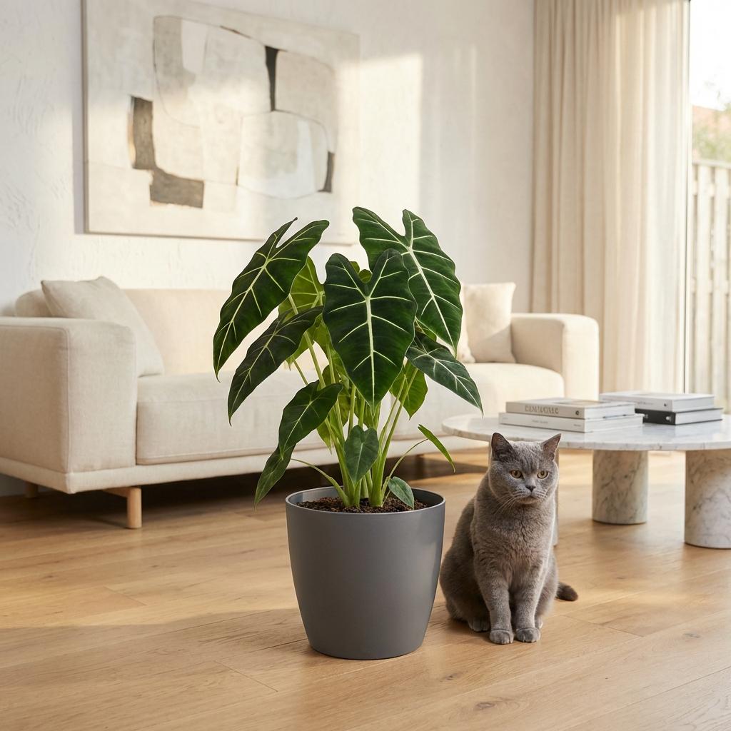 🌿 Alocasia Frydek – met Grijze Pot