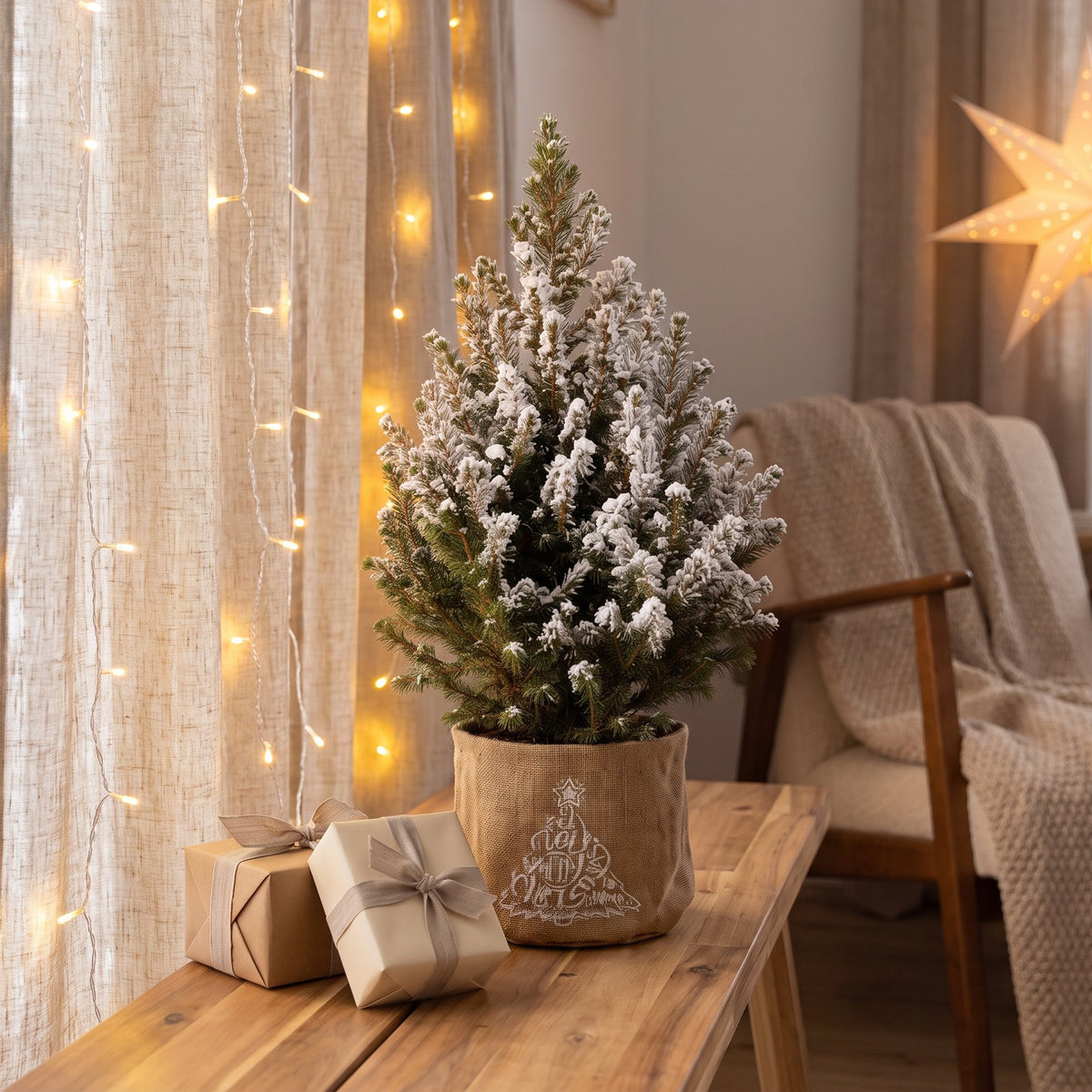 🎄 Picea glauca ‘Conica’ – Kegelspar met witte winteraccenten en jute zak