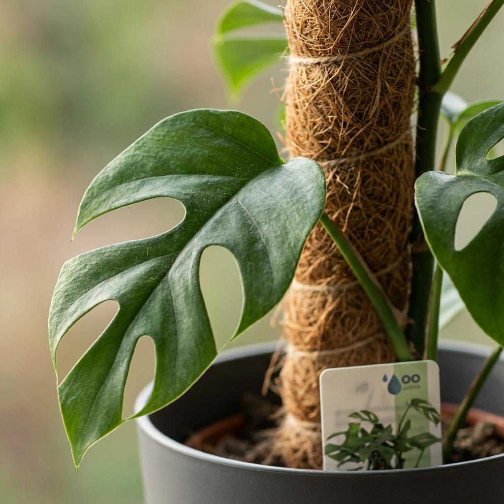 🌿 Monstera Minima | Mini Gatenplant met Mosstok & Grijze Pot