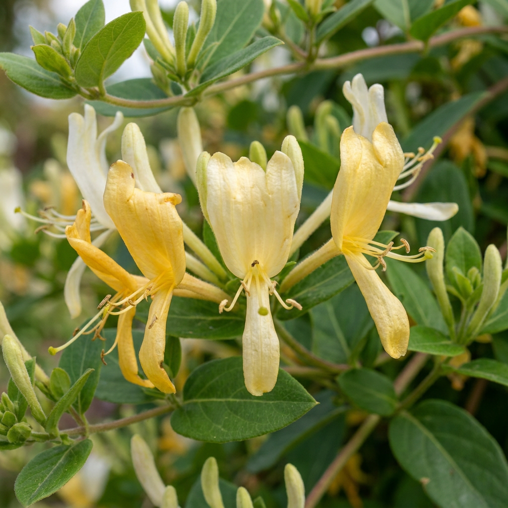 🤍 Lonicera japonica ‘Halliana’ – Japanse kamperfoelie – Wit-gele klimplant