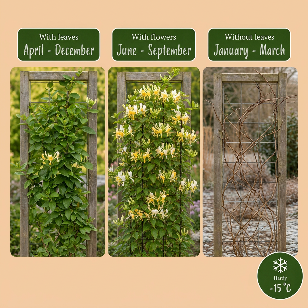 🤍 Lonicera japonica ‘Halliana’ – Japanse kamperfoelie – Wit-gele klimplant
