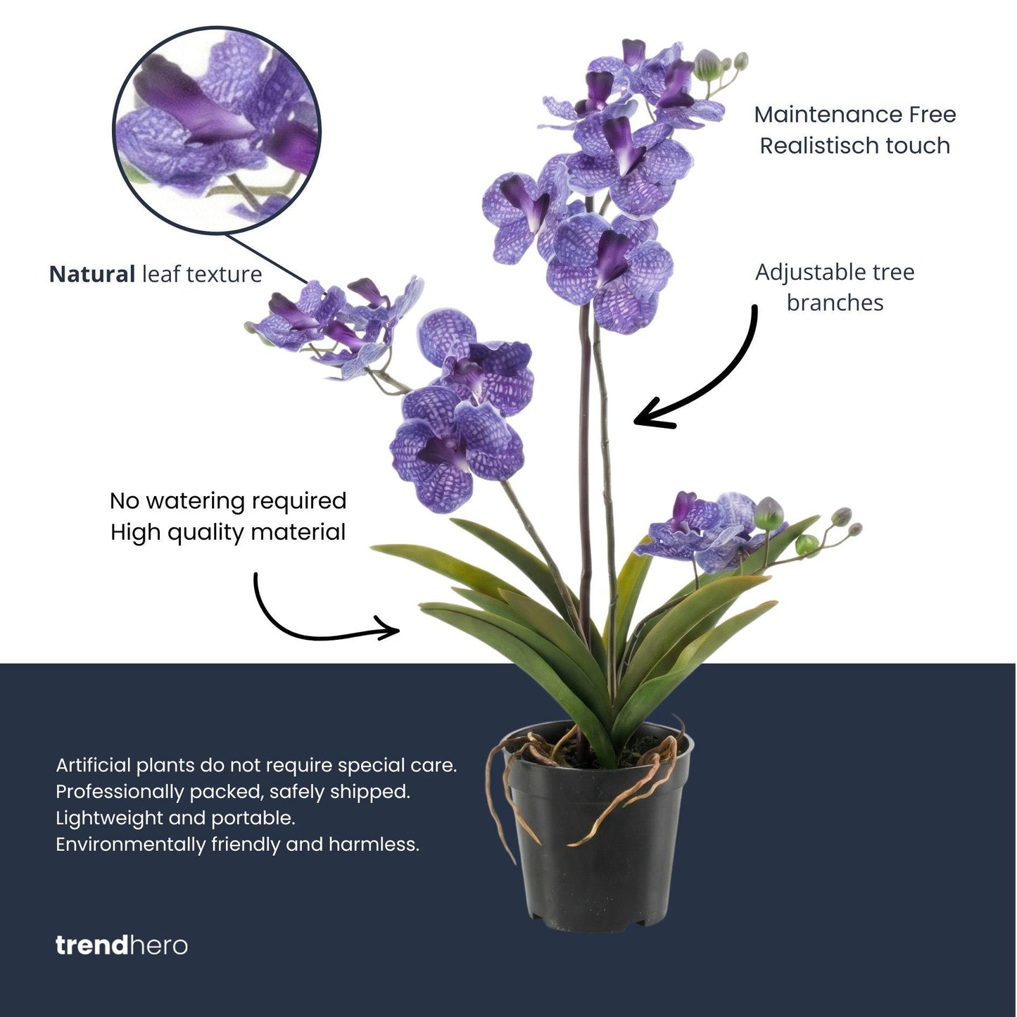 🌸 Vanda Orchidee – Kunstplant in Pot (60 cm, Paars)